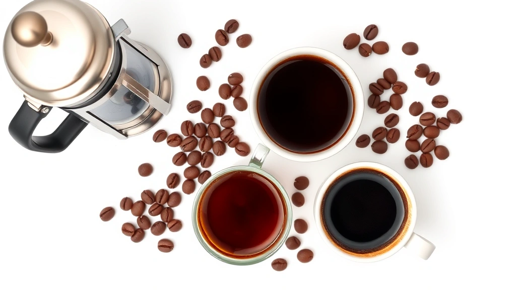An overhead flat lay of various coffee brewing methods including French press, pour-over, and espresso cup with fresh beans, clean white background, professional food photography style, photorealistic