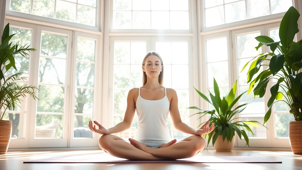 Woman in peaceful meditation pose sitting on yoga mat in bright, natural sunlight streaming through large windows. Serene expression, relaxed shoulders, calm indoor garden setting with green plants. Health and wellness focused.