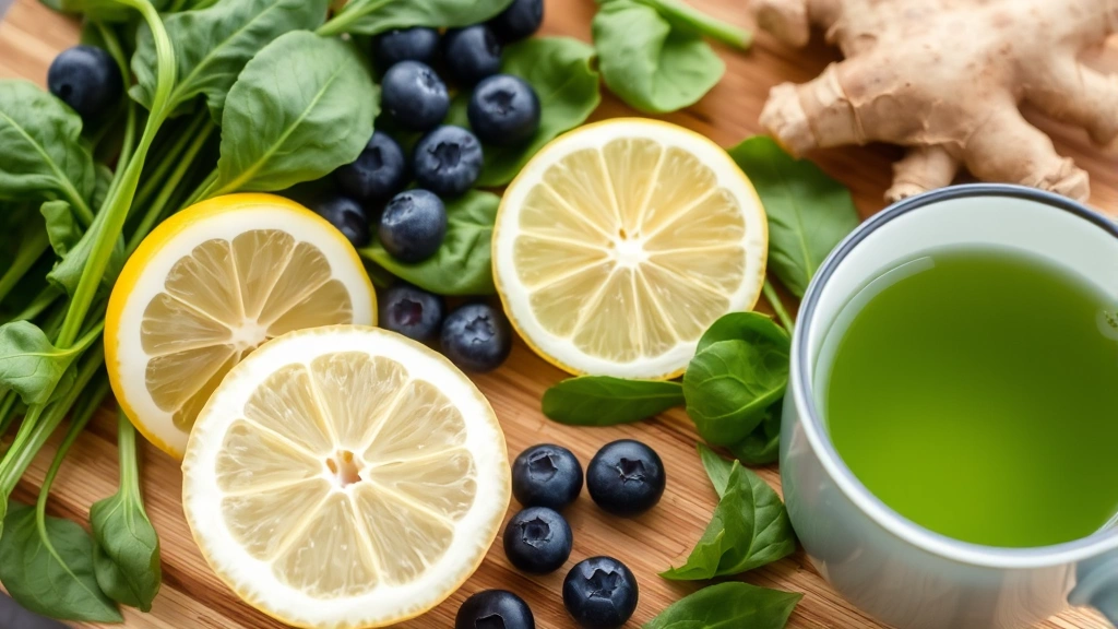 Close-up of fresh ingredients on wooden cutting board: spinach leaves, blueberries, lemon slices, ginger root, and green tea cup. Natural lighting, vibrant colors, healthy food preparation aesthetic.