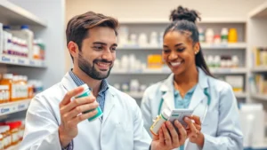 Professional pharmacist in white coat reviewing medication bottles in modern pharmacy setting, warm lighting, friendly expression, diverse representation, clean organized shelves in background