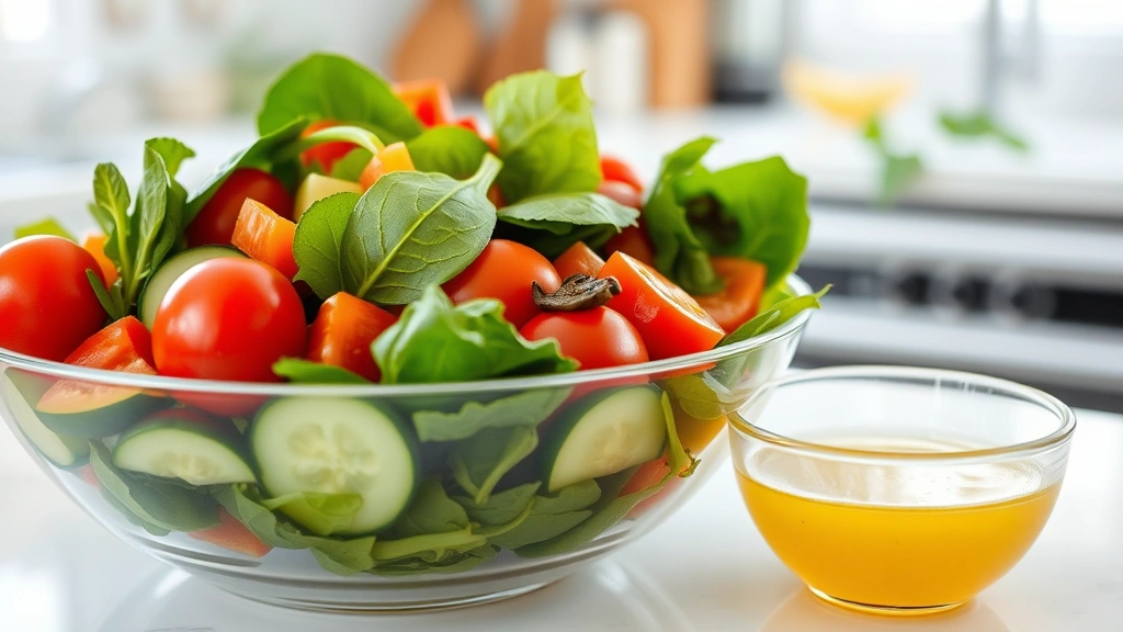 Fresh green salad bowl with colorful vegetables including spinach, tomatoes, cucumbers, and bell peppers, with a glass bowl of golden vinaigrette dressing beside it on a bright kitchen counter with natural light