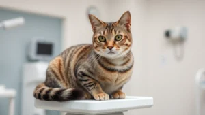 A healthy adult tabby cat sitting on a veterinary scale, looking calm and content, modern clinic setting with soft lighting, no numbers visible on scale