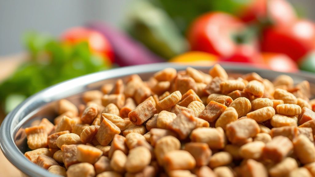 Close-up of premium dry cat food kibble in a stainless steel bowl with fresh vegetables blurred in background, natural daylight, vibrant and appetizing presentation