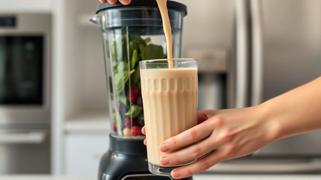 Close-up of hands pouring thick, creamy vanilla-colored protein smoothie from a high-powered blender into a tall glass, with fresh spinach leaves and frozen berries visible in the blender pitcher, minimalist kitchen background with stainless steel appliances