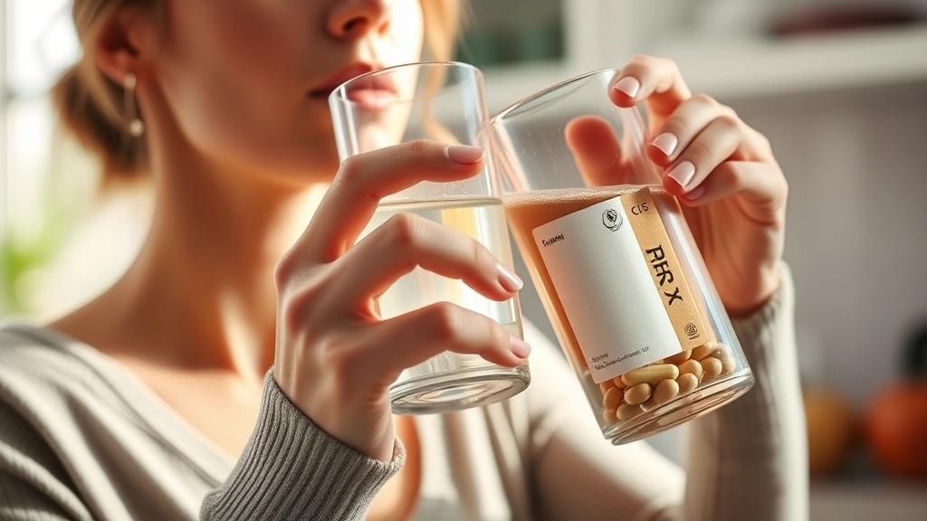 Woman drinking water while holding a fiber supplement capsule, bright kitchen setting, natural morning light, healthy lifestyle aesthetic, close-up of hand and glass