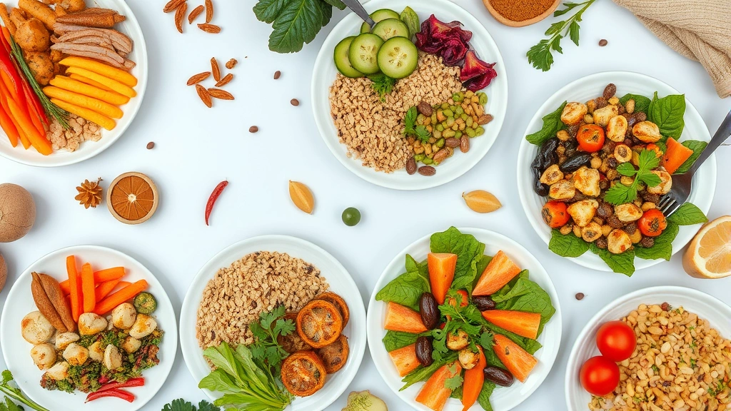 Overhead view of diverse healthy meals with vegetables, whole grains, and legumes on white plates, fresh produce scattered around, natural daylight, vibrant colors