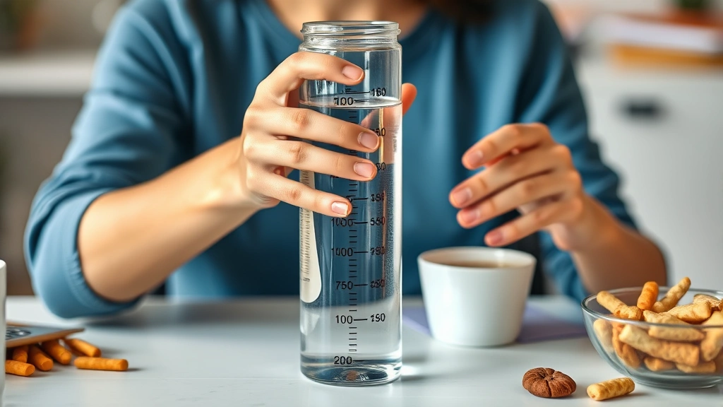 Person measuring water intake with a clear glass bottle marked with time markers, sitting at desk with healthy snacks nearby, focused and mindful, wellness-focused composition