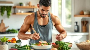 Athletic person preparing healthy meal with fresh vegetables, lean protein, and whole grains in bright kitchen, natural lighting, focused and determined expression
