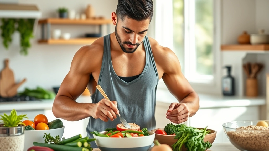 Athletic person preparing healthy meal with fresh vegetables, lean protein, and whole grains in bright kitchen, natural lighting, focused and determined expression