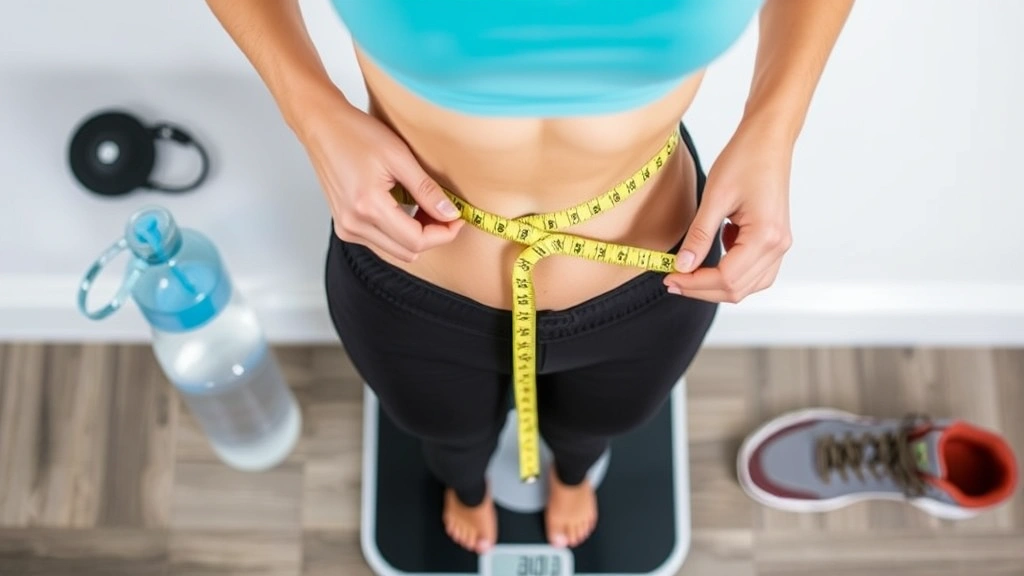 Person measuring waist with tape measure while checking fitness progress, standing on scale, surrounded by healthy lifestyle elements like water bottle and sneakers, positive body language