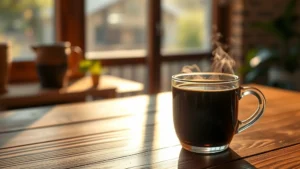 Steaming cup of black coffee on a wooden table with morning sunlight streaming through a window, photorealistic, warm and inviting atmosphere, wellness focused