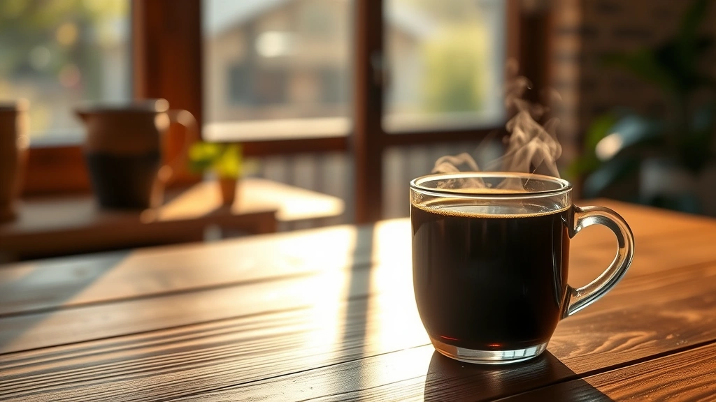 Steaming cup of black coffee on a wooden table with morning sunlight streaming through a window, photorealistic, warm and inviting atmosphere, wellness focused