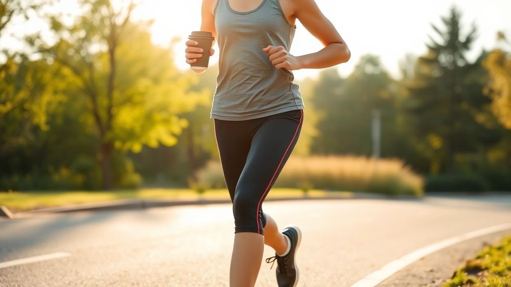 Person jogging outdoors in morning light, holding a coffee cup, athletic and healthy appearance, photorealistic natural setting, fitness and wellness theme