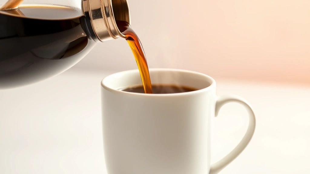 Close-up of black coffee being poured into a white ceramic mug, steam rising, warm professional lighting, clean minimalist background, health and wellness aesthetic