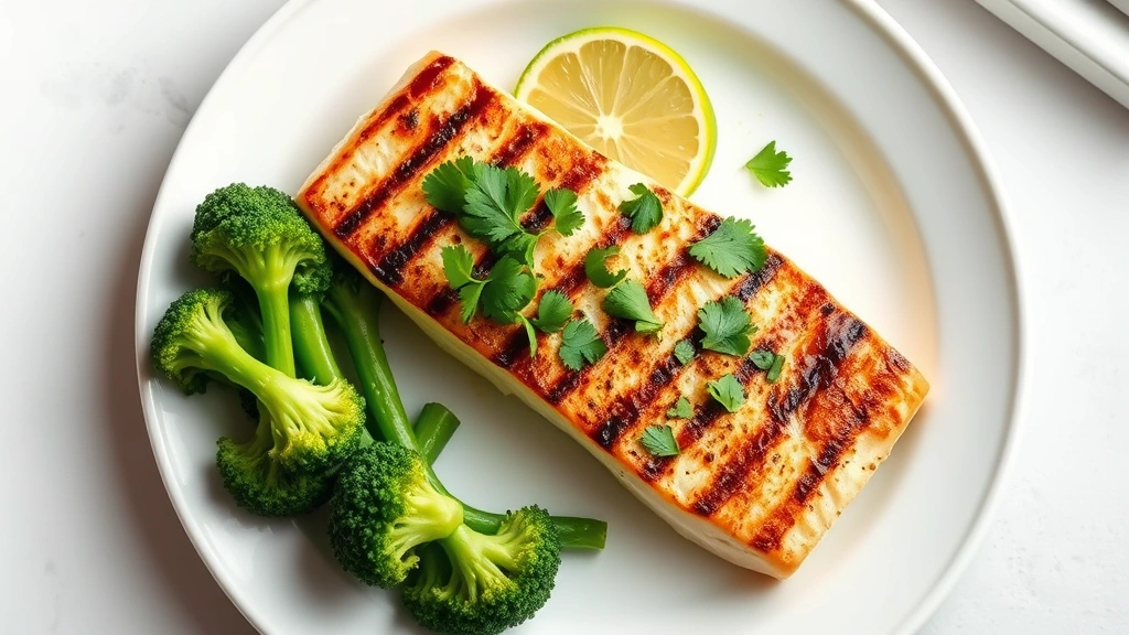 Overhead shot of grilled tilapia fillet garnished with fresh lime wedges and cilantro on white ceramic plate, vibrant green steamed broccoli florets visible, soft natural window lighting, photorealistic, wellness-focused