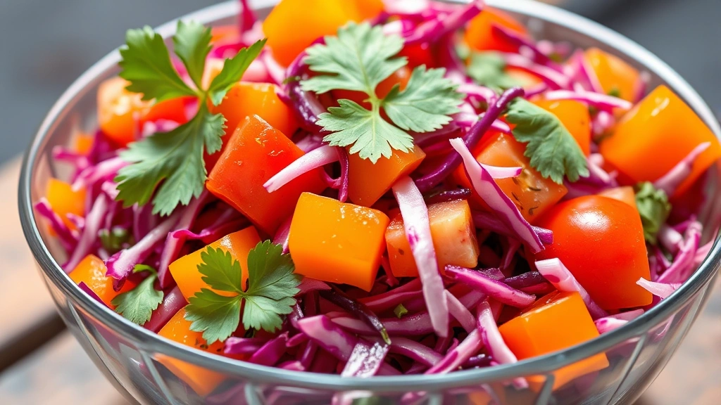 Colorful Brazilian salad bowl featuring shredded red cabbage, diced orange peppers, cherry tomatoes, and fresh cilantro leaves tossed together, bright daylight, appetizing presentation, no text or labels visible