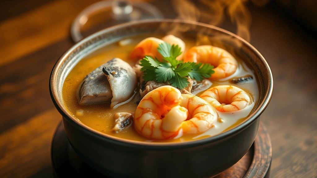 Steaming bowl of seafood moqueca stew with visible fish pieces and shrimp, aromatic broth, fresh cilantro garnish, warm golden lighting, appetizing and health-conscious presentation, photorealistic style