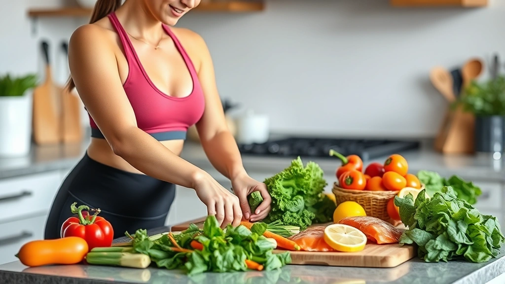 Woman in fitness attire preparing colorful vegetables and lean protein on a kitchen counter, natural lighting, fresh whole foods displayed