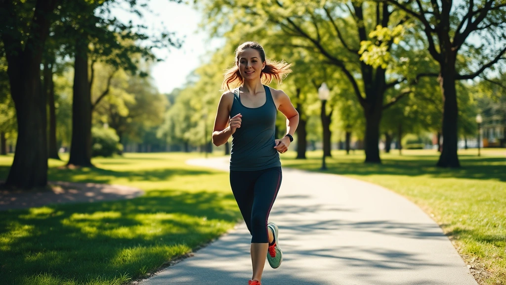 Person jogging on a sunny path through a park with trees, athletic wear, active lifestyle, outdoor exercise environment