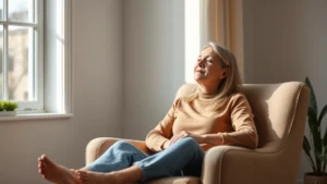 A calm, peaceful woman sitting in a comfortable chair near a window with natural light, appearing relaxed and serene, representing anxiety relief and mental wellness