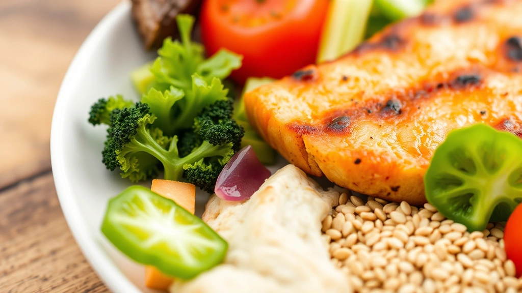 A close-up of a nutritious meal with colorful vegetables, lean protein, and whole grains on a plate, representing balanced nutrition and healthy eating habits