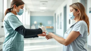 Woman receiving an injection in her arm from a healthcare provider in a bright, clean medical clinic. Both appear calm and focused. Photorealistic, professional medical setting, modern clinic environment with natural lighting.