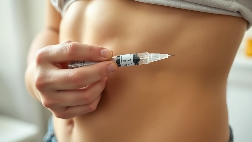 Close-up of a person's hand holding a prefilled injection pen over their abdomen, about to administer the injection. Clinical but not intimidating. Shows proper injection technique in a home setting with soft, natural lighting.