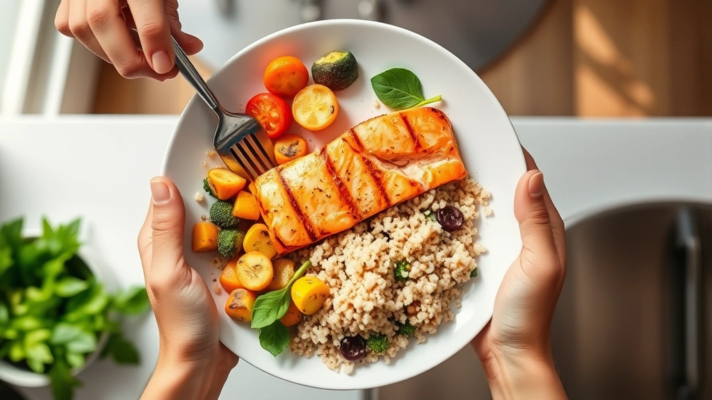 Overhead view of a nutritious meal on a white plate featuring grilled salmon, roasted vegetables, and quinoa. Fresh, colorful, and appetizing. Person's hands visible using utensils. Bright kitchen background with natural light.