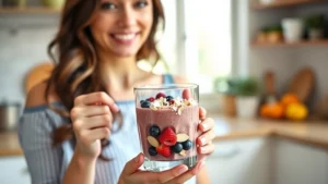 Woman holding a glass of nutrient-rich smoothie bowl with berries, almonds, and coconut flakes, bright natural lighting, healthy kitchen background, warm and inviting