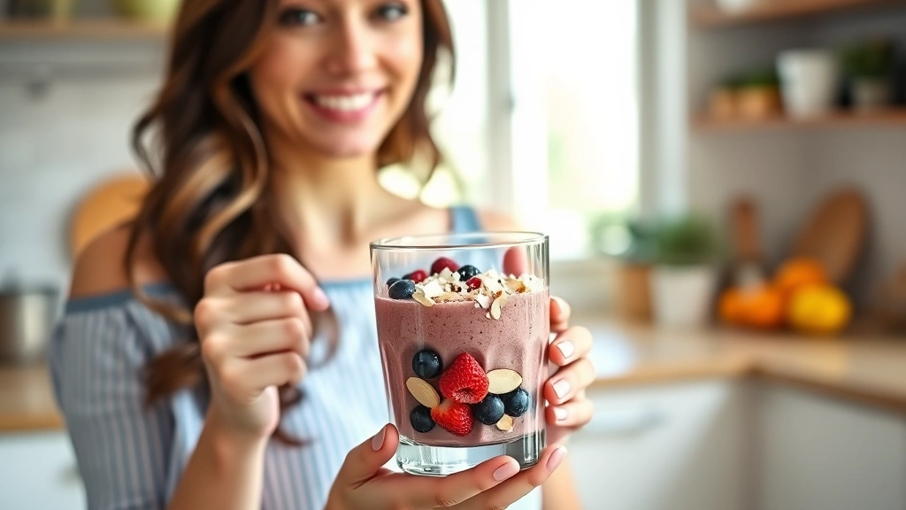 Woman holding a glass of nutrient-rich smoothie bowl with berries, almonds, and coconut flakes, bright natural lighting, healthy kitchen background, warm and inviting