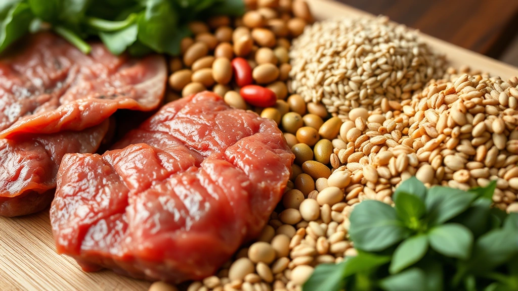 Close-up of assorted iron-rich foods arranged on a wooden cutting board including red meat, spinach, legumes, and fortified grains in natural daylight