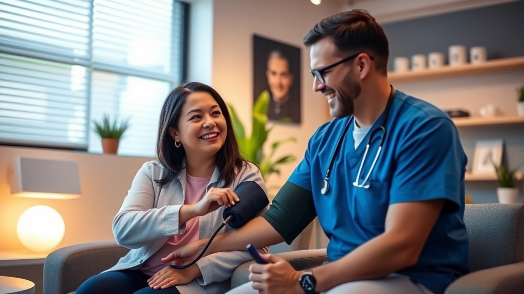 Healthcare professional taking patient's blood pressure while discussing health metrics, both smiling, modern clinical setting with warm lighting and wellness-focused decor