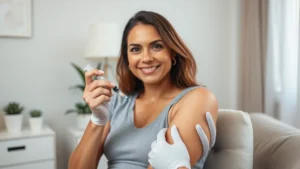 A woman confidently injecting Ozempic in her thigh at home, showing proper injection technique with good lighting, professional medical setting aesthetic, calm and empowered expression, realistic skin tones and natural lighting.