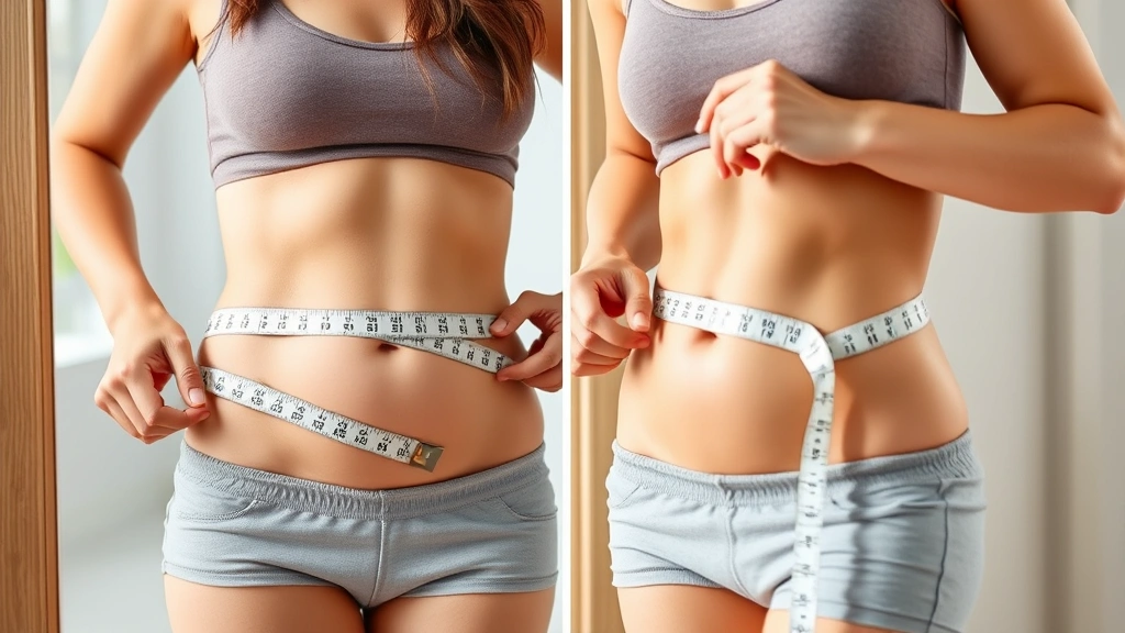 A person measuring their waist circumference with a measuring tape, standing in front of a mirror in natural lighting, showing progress and self-care, realistic body representation, positive and hopeful expression.
