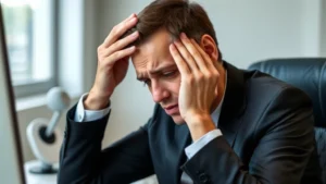 Person in business attire experiencing visible stress with hand on forehead, sitting at desk with computer, showing signs of anxiety and worry in natural lighting