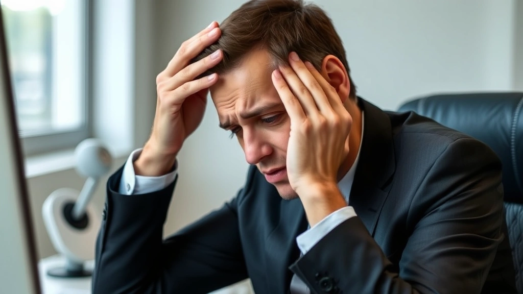 Person in business attire experiencing visible stress with hand on forehead, sitting at desk with computer, showing signs of anxiety and worry in natural lighting