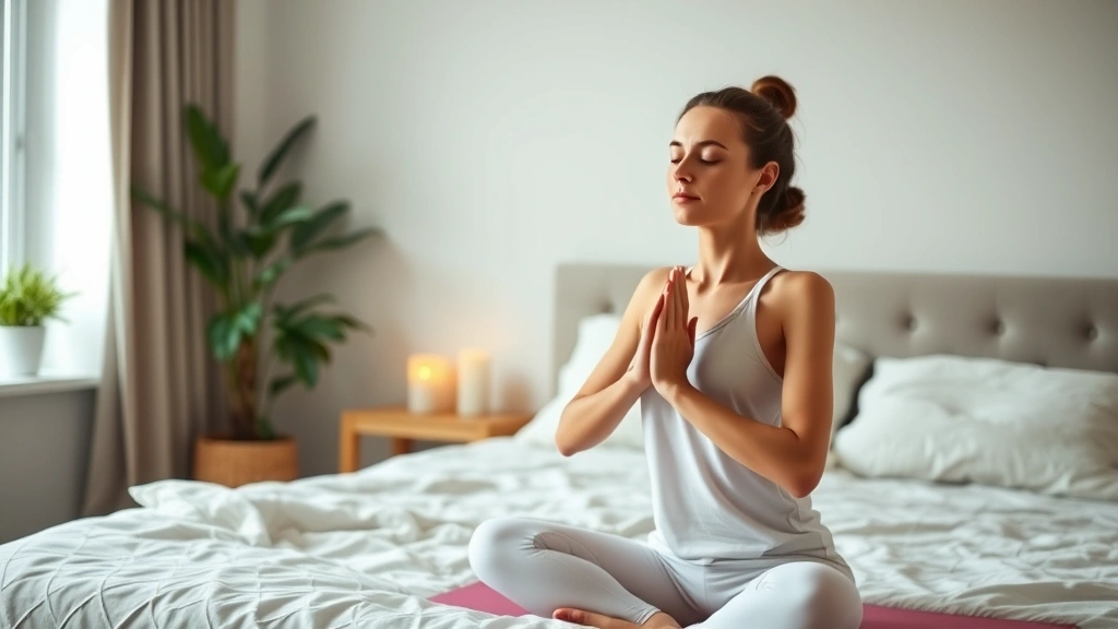 Young woman practicing yoga or meditation in serene bedroom environment with soft natural light, candles, plants, demonstrating stress relief and mindfulness