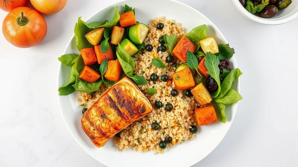 Overhead shot of colorful nutritious meal with grilled salmon, quinoa, roasted vegetables, and fresh salad on white plate in bright kitchen setting