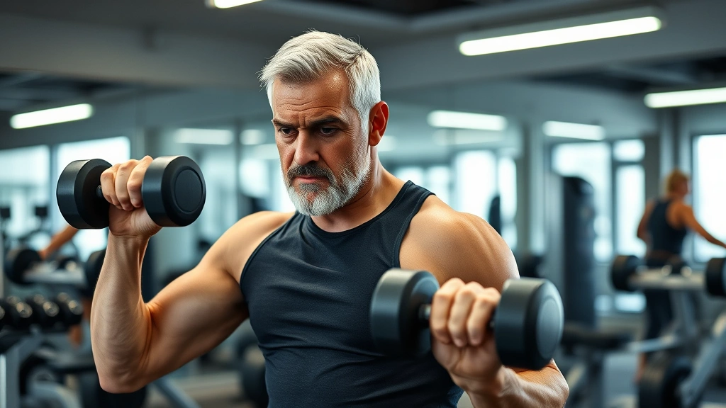 Athletic man in 50s performing strength training with dumbbells in modern gym, focused expression, professional fitness setting with mirrors and equipment visible