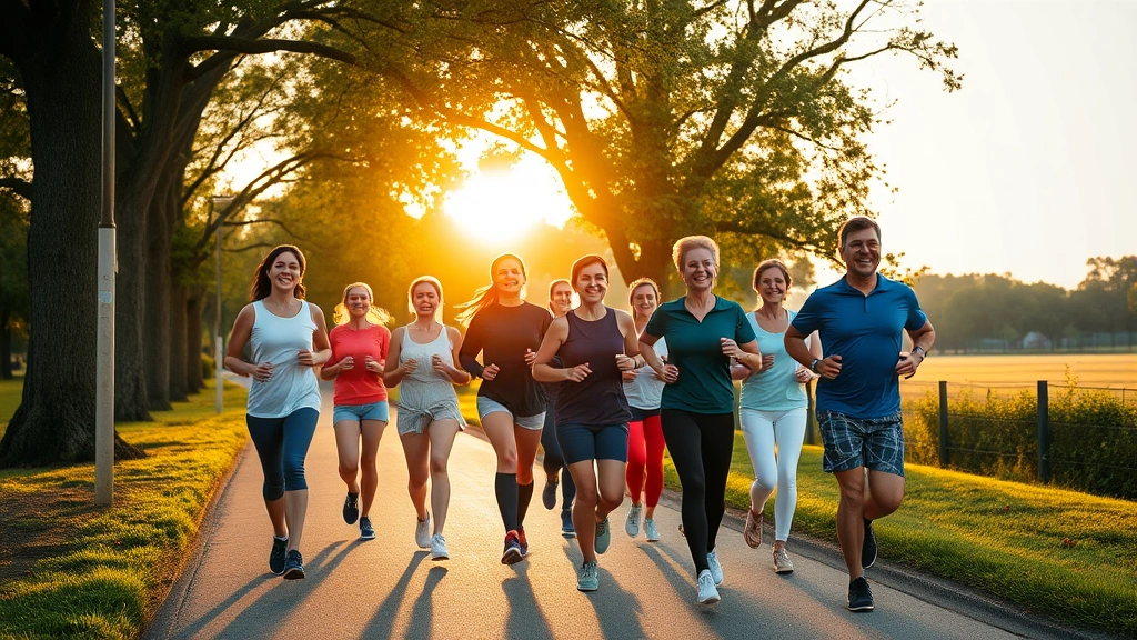 Diverse group of people jogging together outdoors on tree-lined path during golden hour, smiling and energetic, natural lighting showing health and wellness