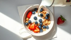 Bright overhead flat lay of a ceramic bowl filled with wholesome cereal, fresh blueberries, sliced strawberries, and a stream of unsweetened almond milk being poured. Soft morning sunlight. Minimalist aesthetic with linen napkin. Photorealistic.