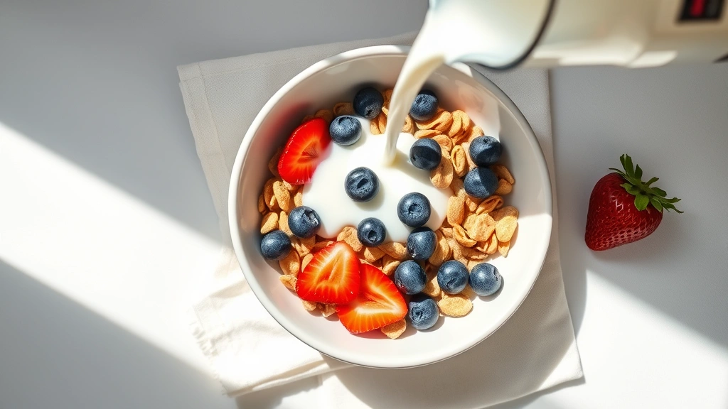 Bright overhead flat lay of a ceramic bowl filled with wholesome cereal, fresh blueberries, sliced strawberries, and a stream of unsweetened almond milk being poured. Soft morning sunlight. Minimalist aesthetic with linen napkin. Photorealistic.