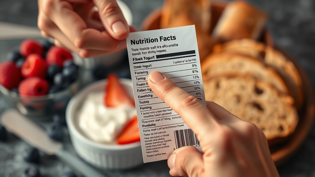 Close-up of hands holding a nutrition label under warm lighting, finger pointing to fiber content. Blurred healthy breakfast items in background including Greek yogurt, berries, and whole grain bread. Educational, inviting mood.