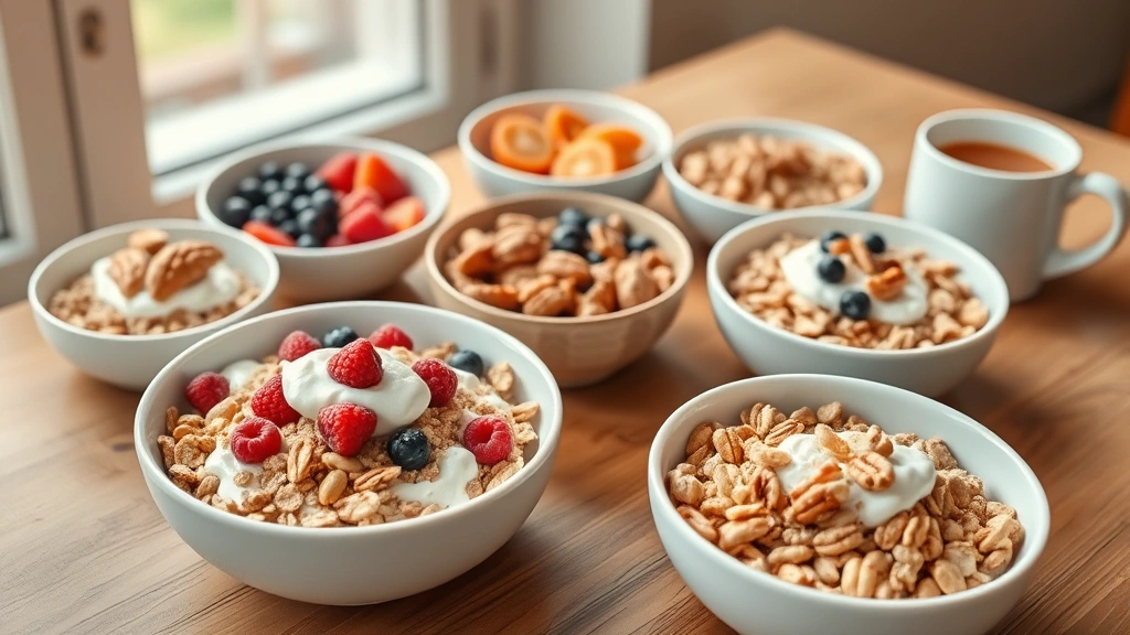 Serene breakfast scene with multiple bowls of different nutritious cereals, each topped with Greek yogurt, fresh fruit, and nuts. Wooden table, natural window light, coffee cup nearby. Warm, wholesome, aspirational wellness aesthetic.