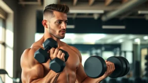 Athletic man performing strength training with dumbbells in well-lit modern gym, focused expression, muscular physique, professional fitness setting, natural lighting