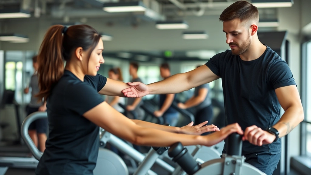 Professional fitness trainer assisting client with proper form during resistance exercise on gym equipment, supportive coaching moment, diverse individuals, health-focused environment