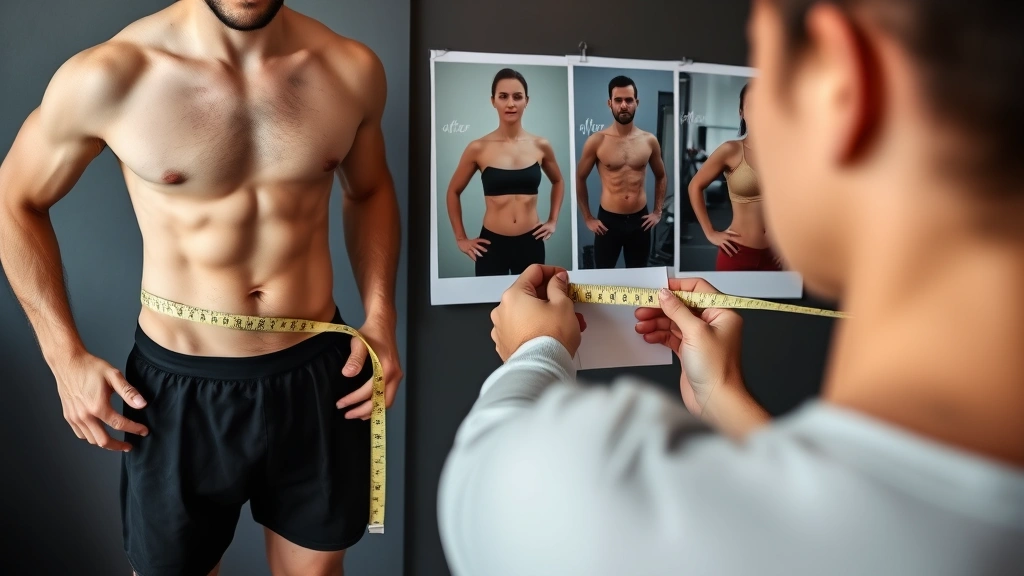Person measuring body progress with tape measure while reviewing progress photos documenting fitness transformation, positive mindset, tracking health improvements, before-after comparison setup