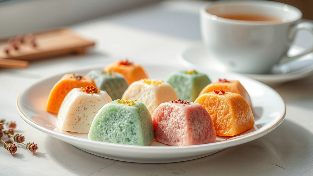 Close-up of colorful mochi pieces arranged artfully on a white ceramic plate, soft natural lighting, blurred background with tea cup