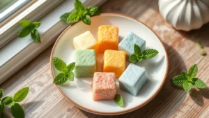 Overhead shot of colorful mochi pieces arranged on a white ceramic plate with fresh mint leaves and natural window lighting, photorealistic, wellness aesthetic
