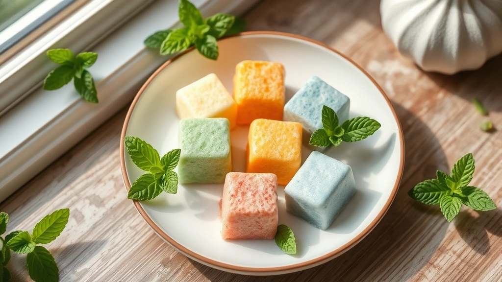 Overhead shot of colorful mochi pieces arranged on a white ceramic plate with fresh mint leaves and natural window lighting, photorealistic, wellness aesthetic